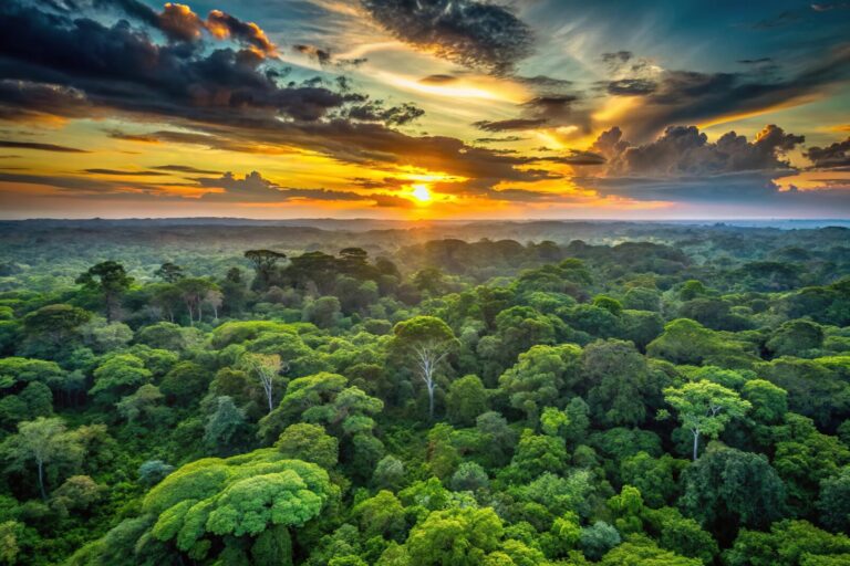 Sunset over the Amazon rainforest