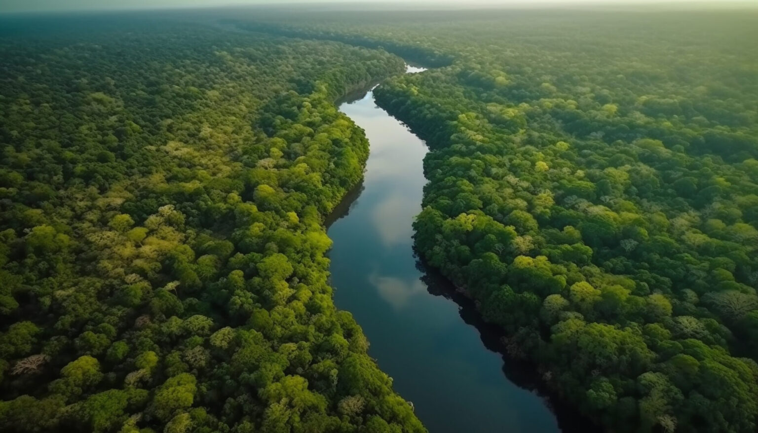 Aerial view of a river winding through the Brazilian Amazon rainforest