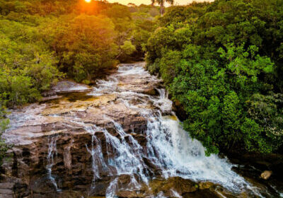 Scenic aerial view of Iracema Presidente Figueiredo waterfall at sunset in Amazonia Brazil