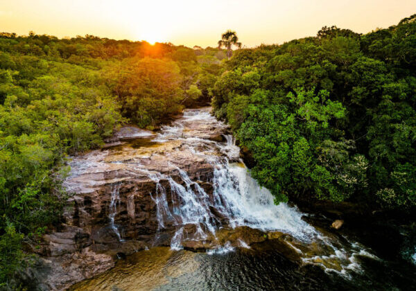 Scenic aerial view of Iracema Presidente Figueiredo waterfall at sunset in Amazonia Brazil