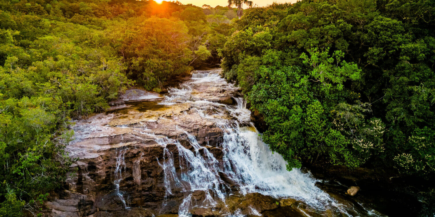 Scenic aerial view of Iracema Presidente Figueiredo waterfall at sunset in Amazonia Brazil